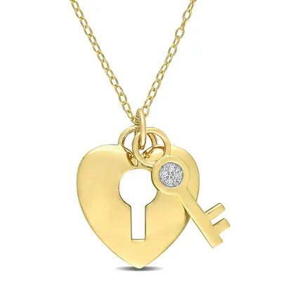 Diamond Accent Lock And Key Heart Charm With Chain In Yellow Plated Sterling Silver