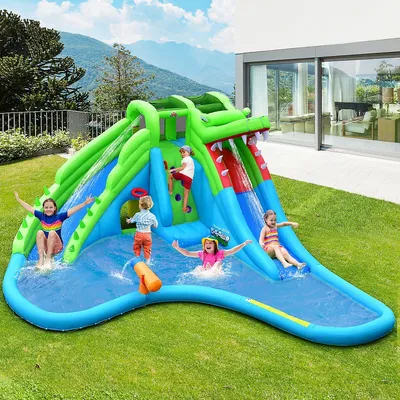 Costway Inflatable Kid Crocodile Bounce House Dual Slide Climbing Wall Splash Pool W/bag