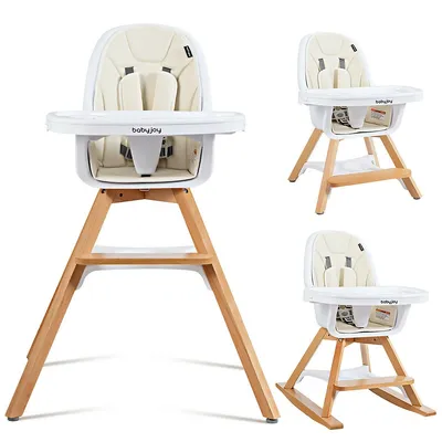 3-in-1 Convertible Wooden Baby High Chair W/ Tray Adjustable Legs Cushion Gray Beige