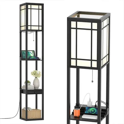 Modern Standing Shelf Floor Lamp W/ 1 Power Outlet & 2 Usb Ports For Living Room