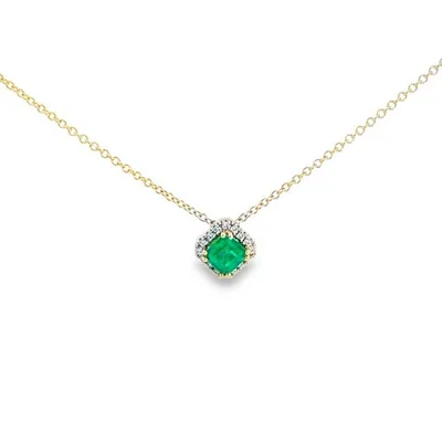 18k Yellow Gold 0.31 Ct Emerald Gemstone & 0.08 Cttw Diamond Halo Pendant And Chain