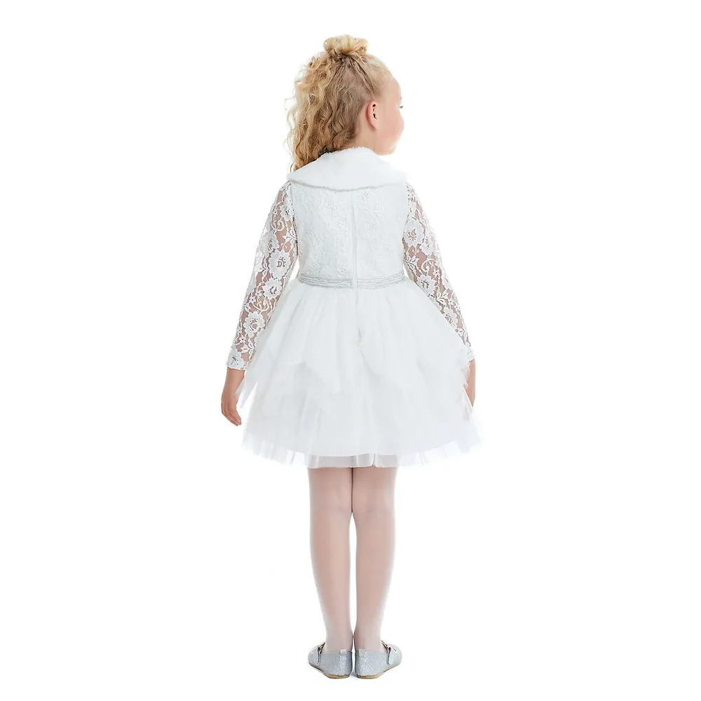 Anabel Girls White Party Dress With Fur Collar