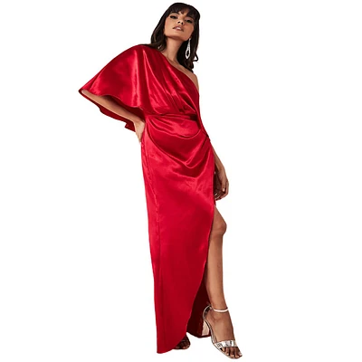 Satin Drape Shoulder Wrap Maxi Dress