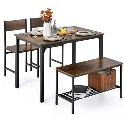 4pcs Dining Table Set Rustic Desk 2 Chairs & Bench With Storage Rack