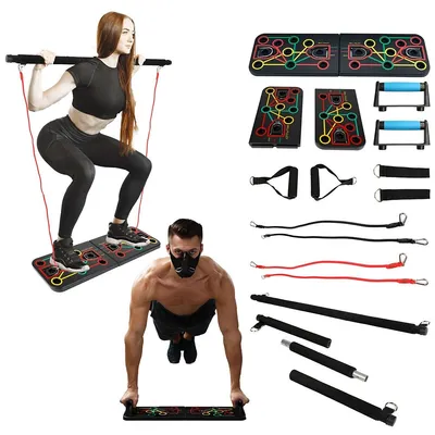 9 In 1 Push Up Rack Board System Fitness Workout Train Gym Exercise With 4 Resistance Bands, 2 Foot Bands, 2 Puch Up Bars And 2 Pilate Bars