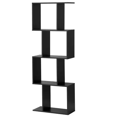 4-tier S-shaped Bookcase Free Standing Storage Rack Wooden Display Decor Black