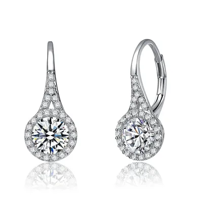 White Gold Plated Clear Round Cubic Zirconia Partially Paved And Haloed Solitaire Drop Earrings
