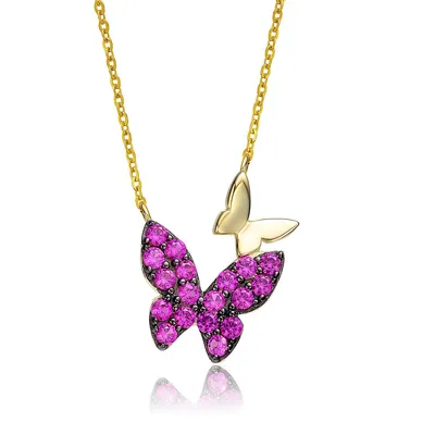 Sterling Silver 14k Yellow Gold Plated With Ruby Cubic Zirconia Double Butterfly Layering Necklace