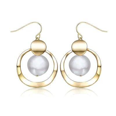 Sterling Silver 14k Yellow Gold Plated With White Freshwater Pearl Concentric Halo Dangle Drop Earrings