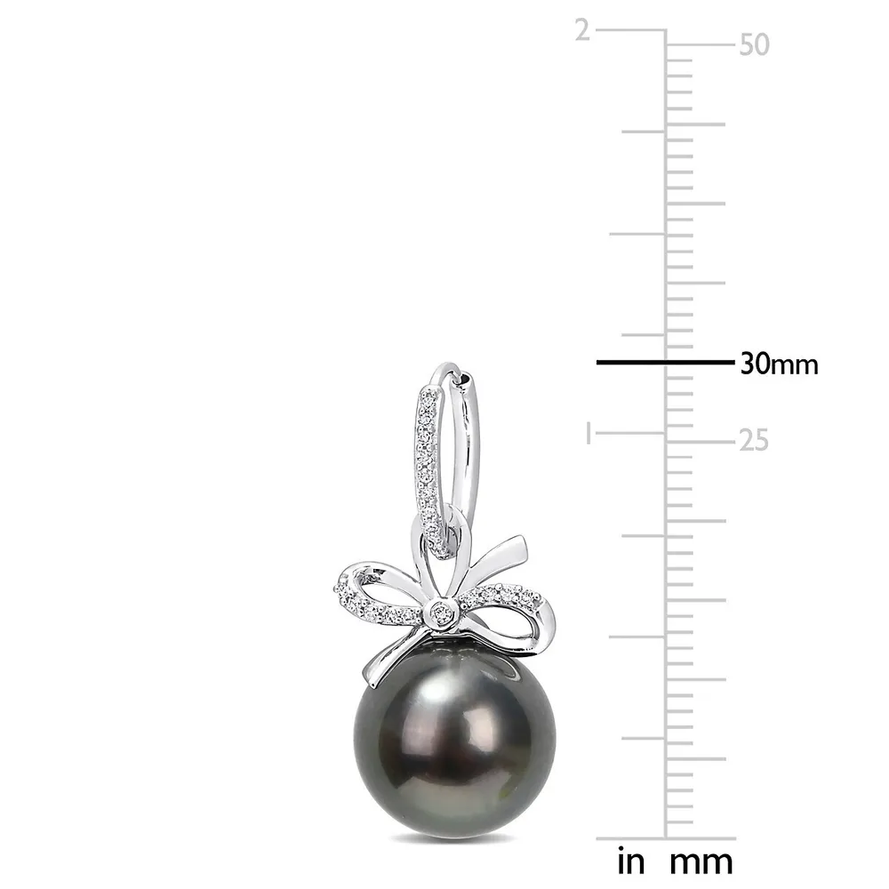 Tahitian Cultured Pearl And 1/5 Ct Tw Diamond Bow Huggie Earrings In 14k White Gold