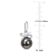Tahitian Cultured Pearl And 1/5 Ct Tw Diamond Bow Huggie Earrings In 14k White Gold