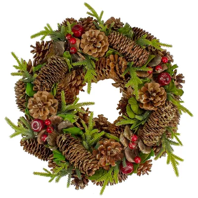 Green And Brown Pine Cone And Berry Christmas Wreath - 13" Unlit