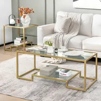 Coffee Table Set Of 3 Glass Modern Coffee Table & 2 Accent Table For Living Room