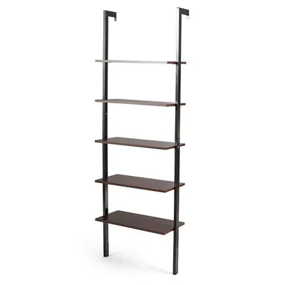 5-tier Ladder Shelf Wood Wall Mounted Display Bookshelf Metal Frame Brown