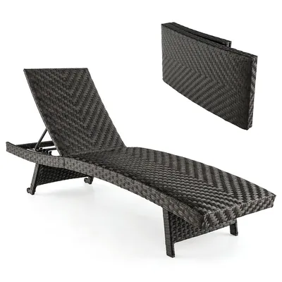 Folding Patio Chaise Lounge Chair Outdoor Rattan Adjustable Recliner With Wheels