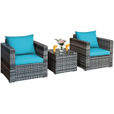 3 Pc Patio Rattan Furniture Bistro Set Cushioned Sofa Chair Table Whitenavy