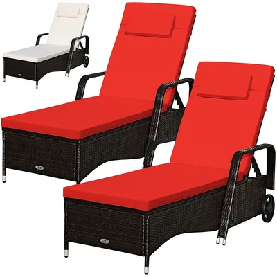 2pcs Patio Rattan Lounge Chair Chaise Recliner Adjust Withred & Off White Cover