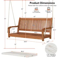 2-person Hanging Porch Swing Wood Bench With Cushion Curved Back Outdoor Natural