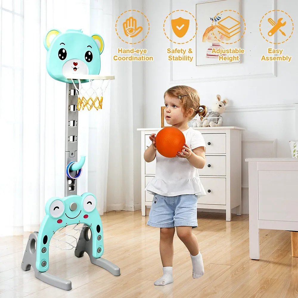 Adjustable Kids 3-in-1 Sports Activity Center Basketball Hoop Set Stand W/balls