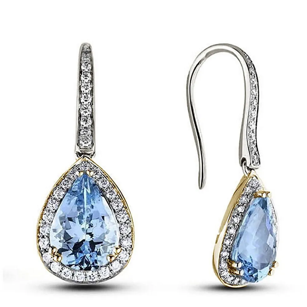 14k Two-toned Gold 1.85 Cttw Tanzanite Gemstone & 0.54 Cttw Diamond Halo Style Dangle Earrings