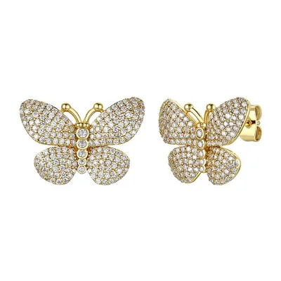 Sterling Silver 14k Yellow Gold Plated With Clear Cubic Zirconia Large Butterfly Pave Earrings