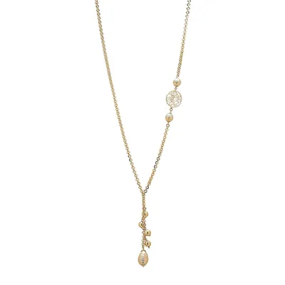 18kt Gold Plated 26" Dc Rolo Link Lariet With Beads Necklace