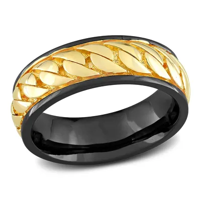 Men's Ribbed Design Ring Sterling Silver With Black Rhodium And Yellow Gold Plating