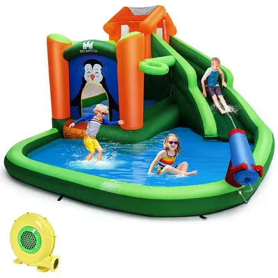 Inflatable Water Park Slide Bouncer W/ Splash Pool Water Cannon And 735w Blower
