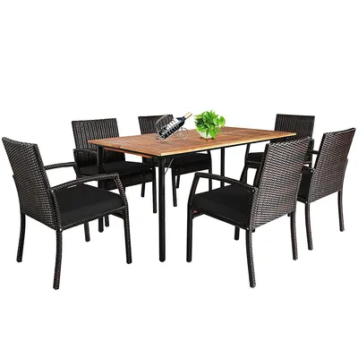 7pcs Patio Rattan Dining Chair Table Set With Cushion Umbrella Hole