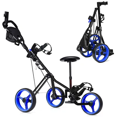 Foldable 3 Wheel Push Pull Golf Club Cart Trolley W/ Seat Scoreboard Bag Swivel