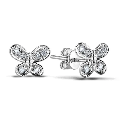 925 Sterling Silver 0.09 Cttw Canadian Diamond Butterfly Stud Earrings
