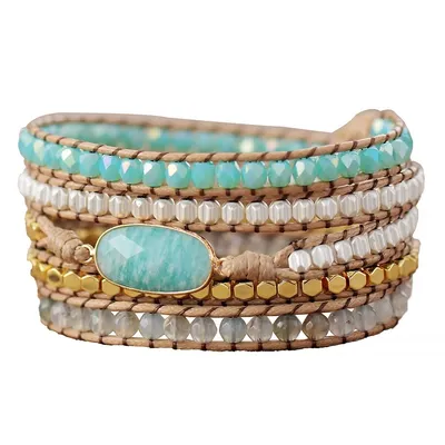 Blue & Goldtone Amazonite & Agate Beaded Wrap Bracelet
