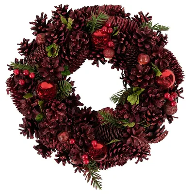 Red Pinecone, Berry And Ornament Christmas Wreath, 13.5-inch, Unlit