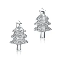 Sterling Silver White Gold Plating With Clear Cubic Zirconia Pave Christmas Tree Earrings