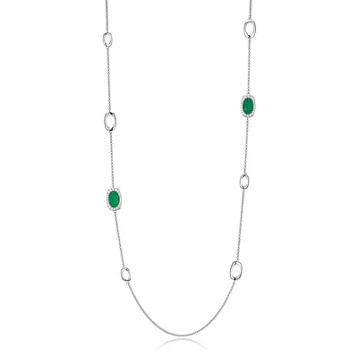 Rhodium-plated Sterling Silver Genuine Chrysoprase & Cubic Zirconia Station Long Necklace