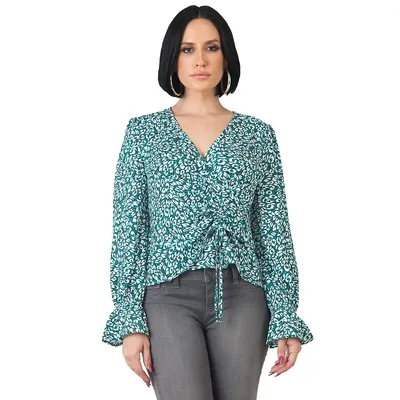 Women's Green Leopard Print Blouse Tops Long Flute Sleeve V-neck Shirts