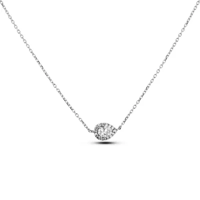 10k White Gold 0.28 Cttw Pear Cut Diamond Halo Style Necklace