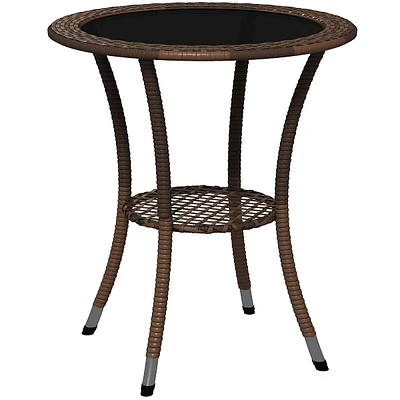 Outdoor Wicker Dining Table With 2-tier Storage Shelf Coffee Table, Brown