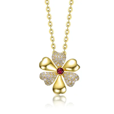 14k Yellow Gold Plated Pave Flower Pendant Necklace