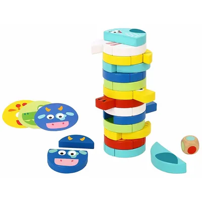 Wooden Tumble Tower Game - 61pcs - Stacking Blocks, Animal Cards And Die. Ages 3+