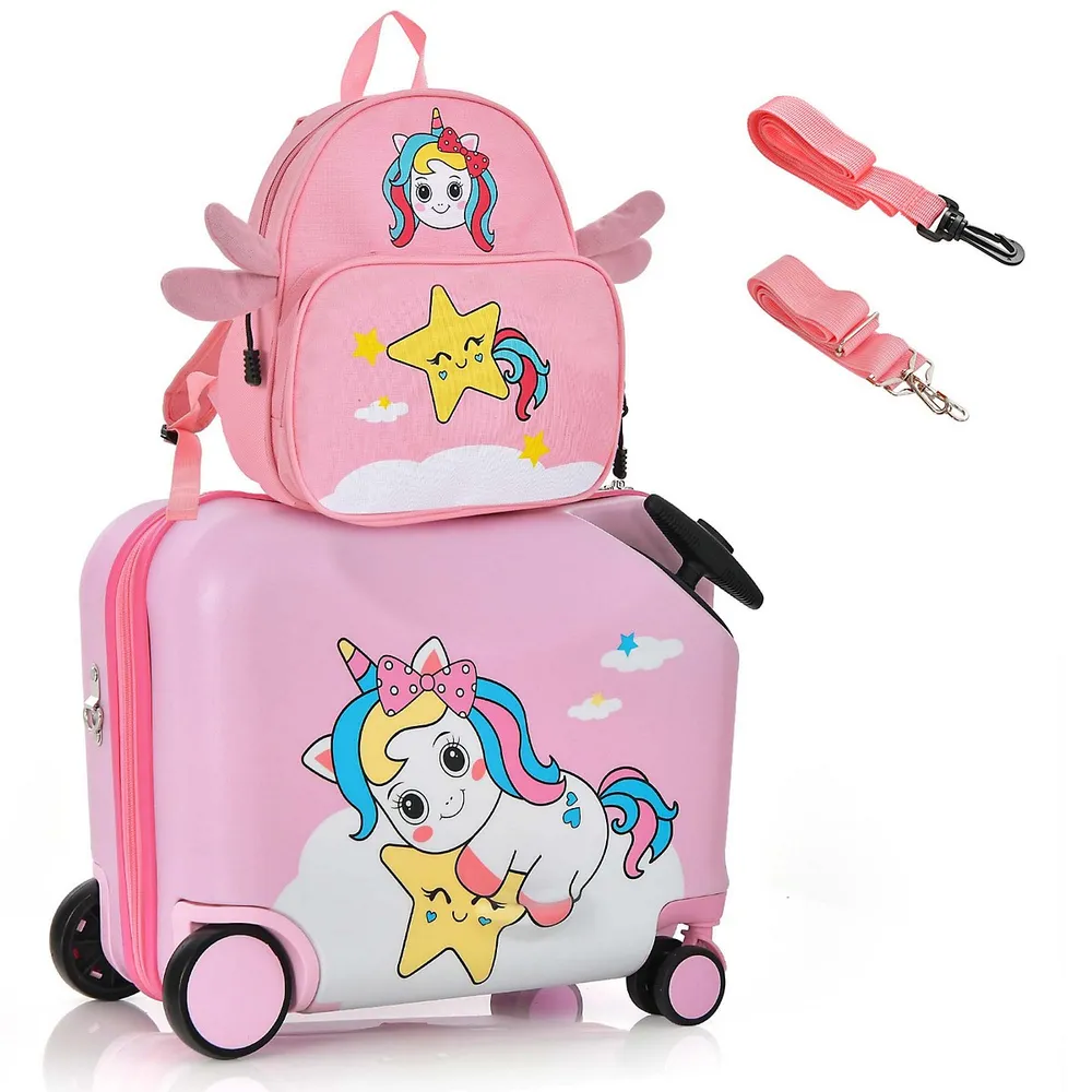 2pc Kids Ride-on Luggage Set 18" Carry-on Suitcase & 12" Backpack Anti-loss Rope