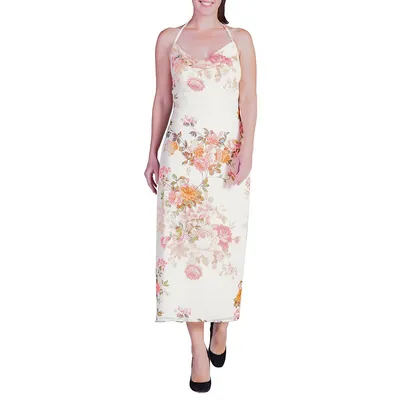 Floral Print Cowl Neck Backless Maxi Dress