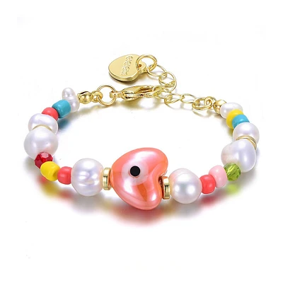 Kids 14k Gold Plated Multi-color Beads Bracelet With Freshwater Pearls