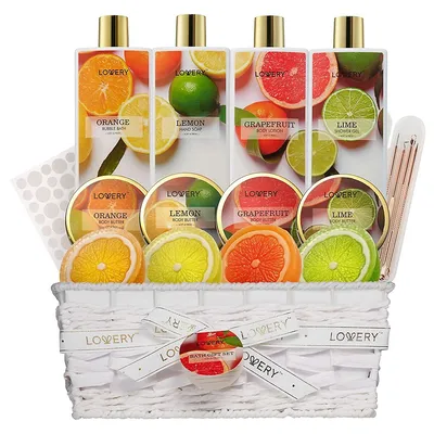 Bath And Body Care Gift Set, Home Spa Kit In Lemon, Orange, Grapefruit Lime Scents, Relaxing Stress Relief Gift, 19 Piece