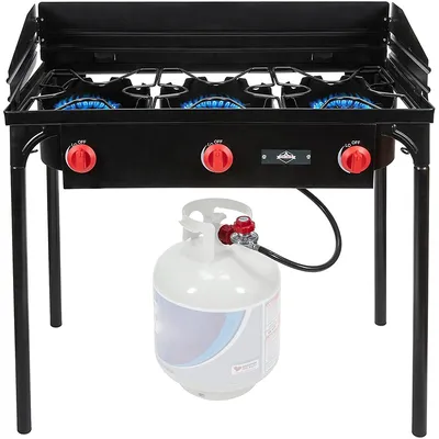 Cast Iron 3-burner Outdoor Gas Stove | 225,000 Btu Portable Propane-powered Cooktop With Removable Legs