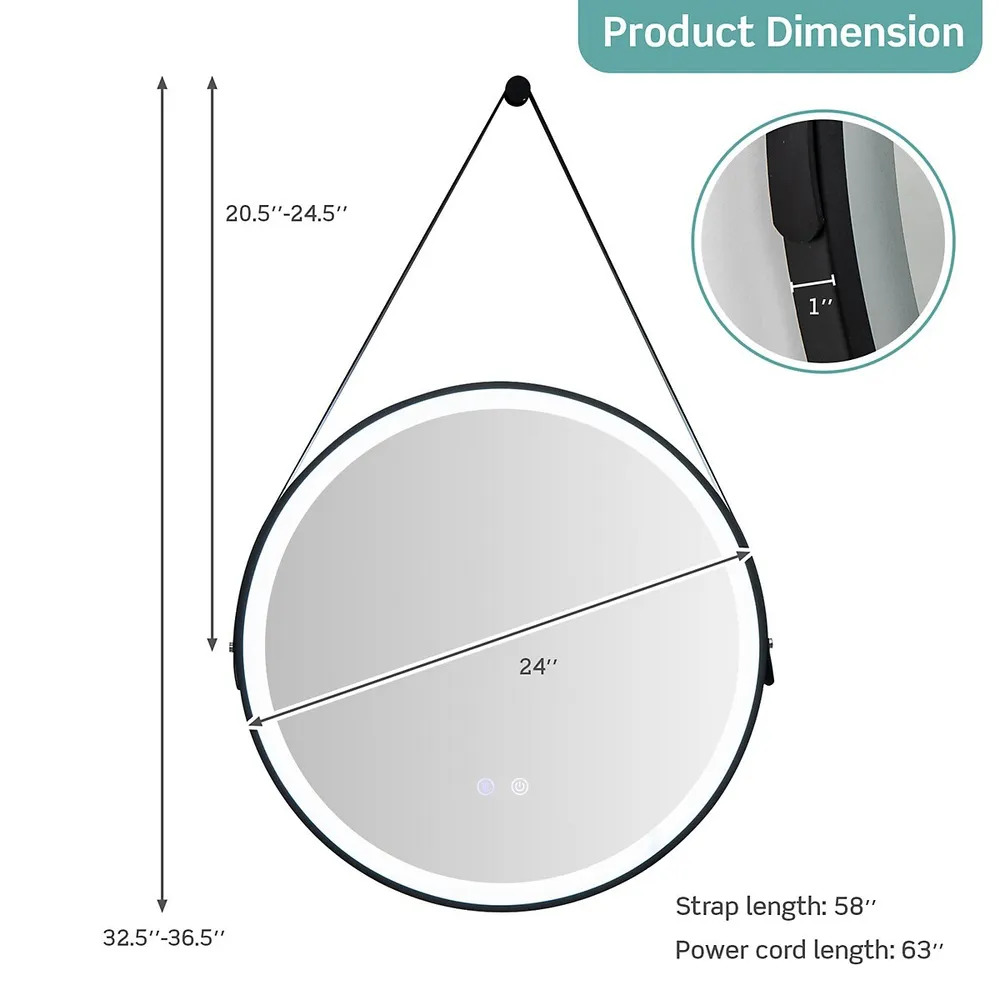 24" Round Led Bathroom Mirror 3 Color Modes Anti-fog Wall Mounted Hanging Mirror