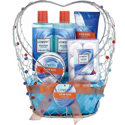 Home Spa Gift Baskets - Ocean Wave In Heart Jeweled Holder - 11pc