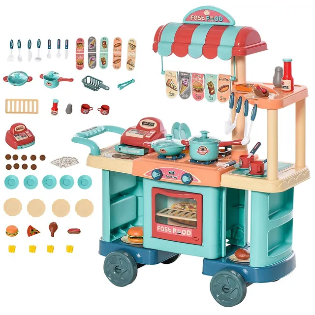 Costway Kids Play Kitchen Set 69PC Kitchen Playset Toys W/ Realistic Lights  & Sounds Blue