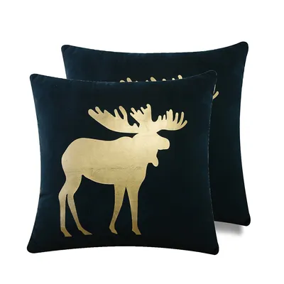 Christmas Icons Throw Pillow, 100% Polyester Velour Foil Print Moose