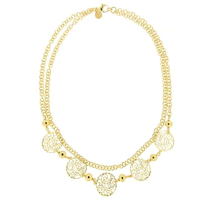 18kt Gold Plated 20" Double Strand Rolo Link With Round Filigree Stations Necklace